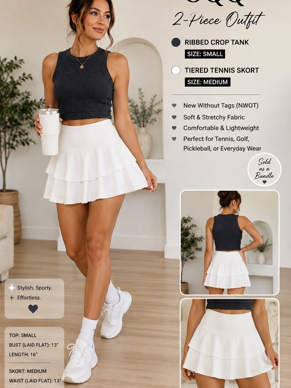 ❤️Athletic Bundle White Ruffle Tennis Shirt & Charcoal Gray Ribbed Crop Tank❤️